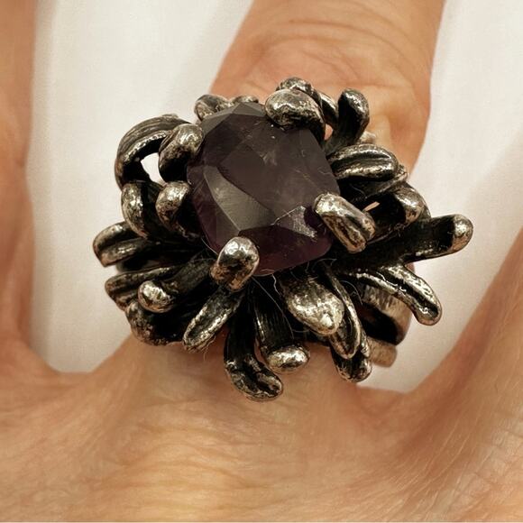 Lucky Brand Antique Look Distressed Silver Purple Boho Ring Adjustable Size 5-7 - Picture 2 of 10